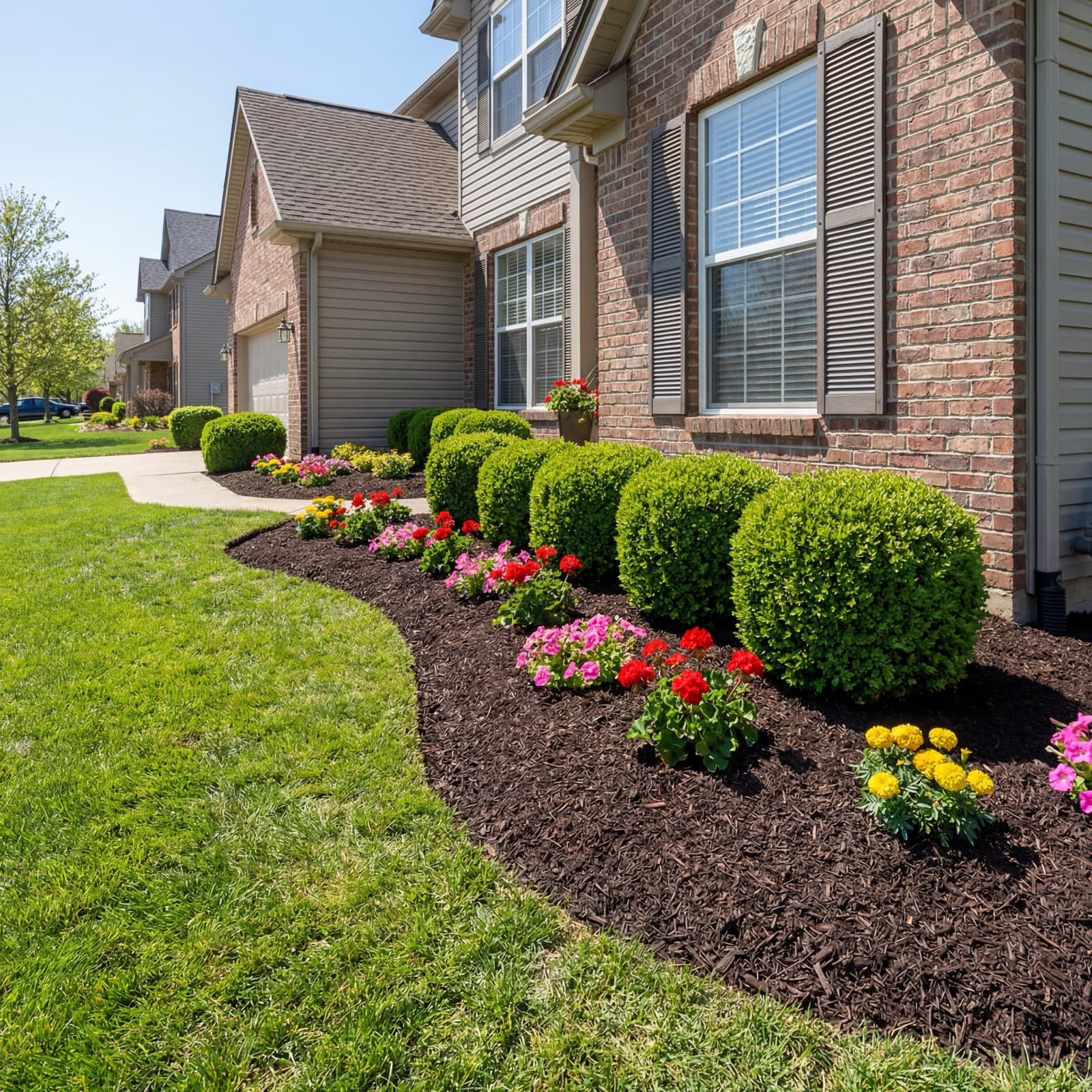 Fresh mulch and flower bed maintenance along fence line